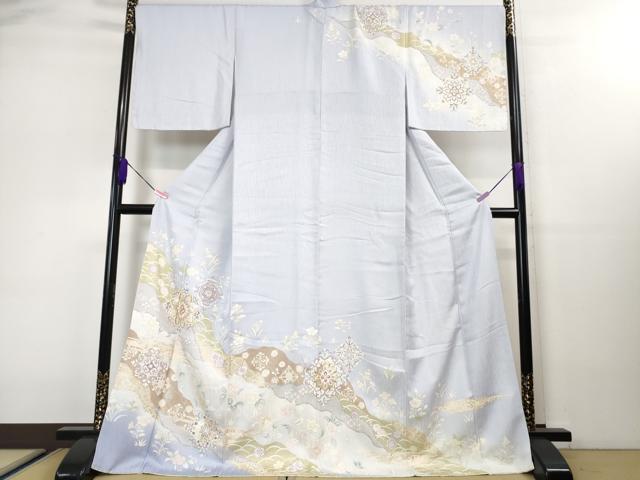 平和屋本店■極上 訪問着・長襦袢(無双仕立て)・袋帯 3点セット 駒刺繍 道長正倉院花文 淡藤色地 反端付き 逸品 未使用 DZAA3276kh5