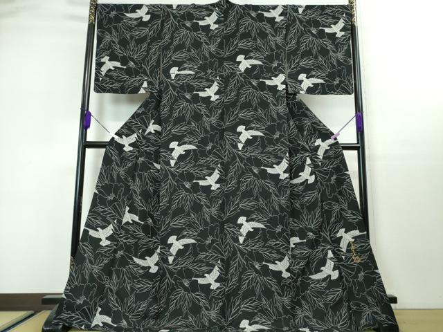 平和屋本店■極上 染色作家 斉藤三才 小紋 三才鳥 草花 黒地 逸品 DZAA3278kh5
