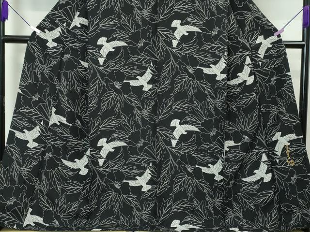 平和屋本店■極上 染色作家 斉藤三才 小紋 三才鳥 草花 黒地 逸品 DZAA3278kh5