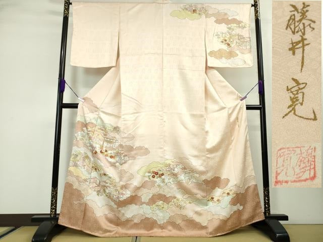 平和屋本店■極上 皇室献上作家 藤井寛 訪問着 駒刺繍 雲取り風景吉祥花文 金彩 逸品 未使用 DZAA3583kh5