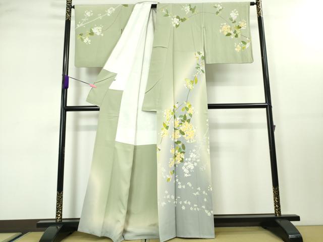 平和屋本店■極上 訪問着 友禅 作家物 枝垂れ花 白緑色地 暈し染め 逸品 DZAA3628kh5