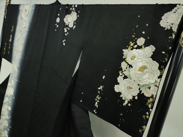 平和屋本店●極上 訪問着 手刺繍 牡丹 暈し染め 黒地 金糸 逸品 DZAA3707kh5