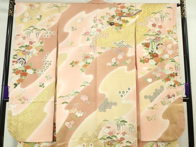 平和屋本店■極上 創業460年・千總 振袖・長襦袢(無双仕立て)セット 駒刺繍 鴛鴦御所車花文 暈し染め 金彩 逸品 DZAA3715kh5