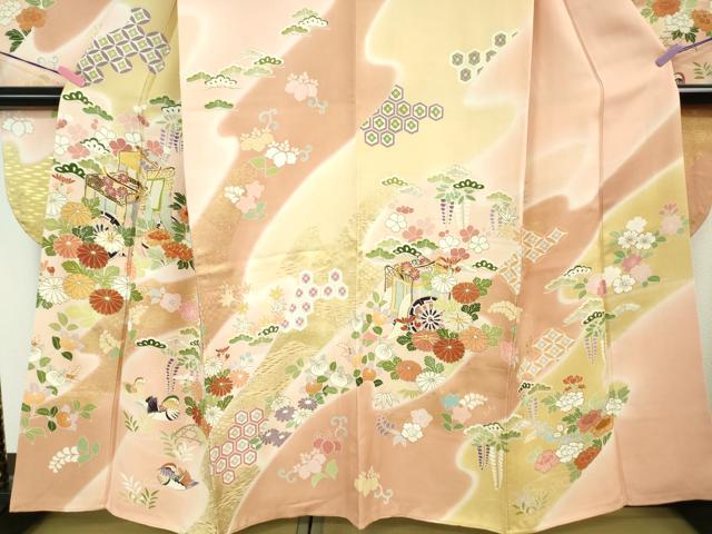 平和屋本店■極上 創業460年・千總 振袖・長襦袢(無双仕立て)セット 駒刺繍 鴛鴦御所車花文 暈し染め 金彩 逸品 DZAA3715kh5