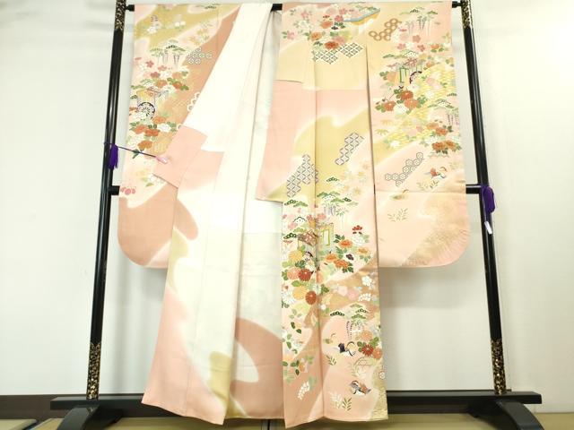平和屋本店■極上 創業460年・千總 振袖・長襦袢(無双仕立て)セット 駒刺繍 鴛鴦御所車花文 暈し染め 金彩 逸品 DZAA3715kh5
