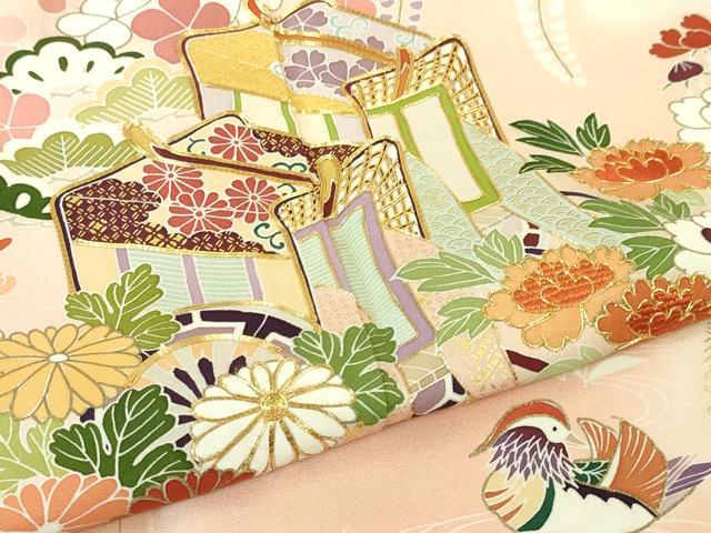 平和屋本店■極上 創業460年・千總 振袖・長襦袢(無双仕立て)セット 駒刺繍 鴛鴦御所車花文 暈し染め 金彩 逸品 DZAA3715kh5