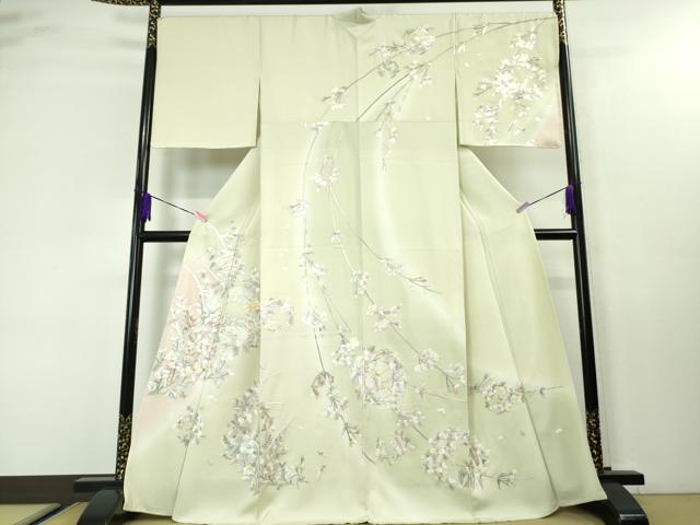 平和屋本店■極上 訪問着 駒刺繍 総手刺繍 吉祥花文 暈し染め 白緑色地 逸品 未使用 DZAA3729kh5