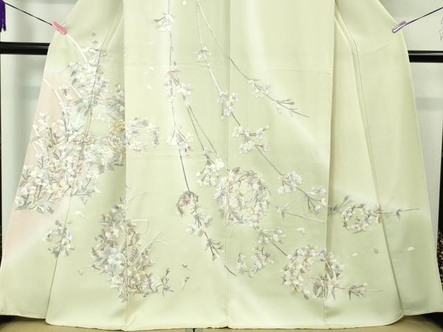 平和屋本店■極上 訪問着 駒刺繍 総手刺繍 吉祥花文 暈し染め 白緑色地 逸品 未使用 DZAA3729kh5