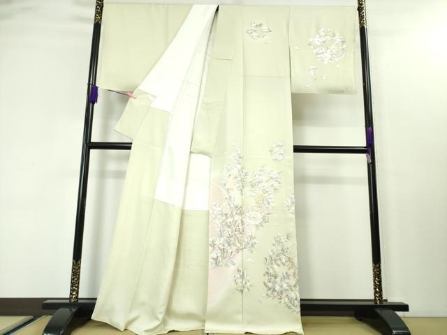 平和屋本店■極上 訪問着 駒刺繍 総手刺繍 吉祥花文 暈し染め 白緑色地 逸品 未使用 DZAA3729kh5