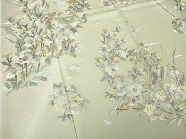 平和屋本店■極上 訪問着 駒刺繍 総手刺繍 吉祥花文 暈し染め 白緑色地 逸品 未使用 DZAA3729kh5