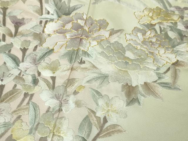 平和屋本店■極上 訪問着 駒刺繍 総手刺繍 吉祥花文 暈し染め 白緑色地 逸品 未使用 DZAA3729kh5