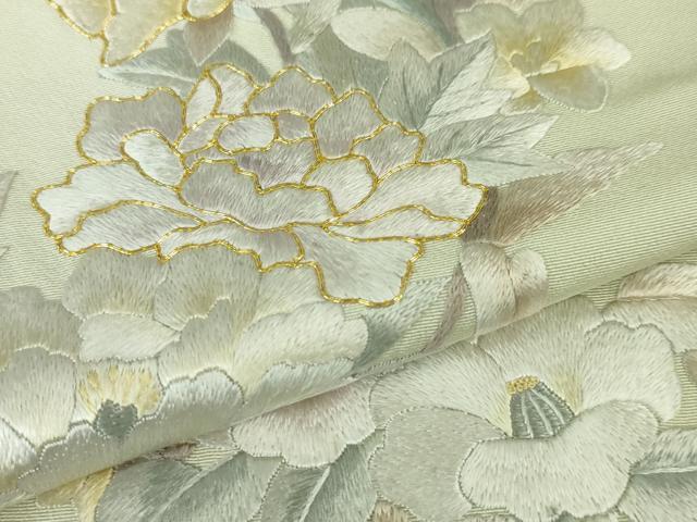 平和屋本店■極上 訪問着 駒刺繍 総手刺繍 吉祥花文 暈し染め 白緑色地 逸品 未使用 DZAA3729kh5
