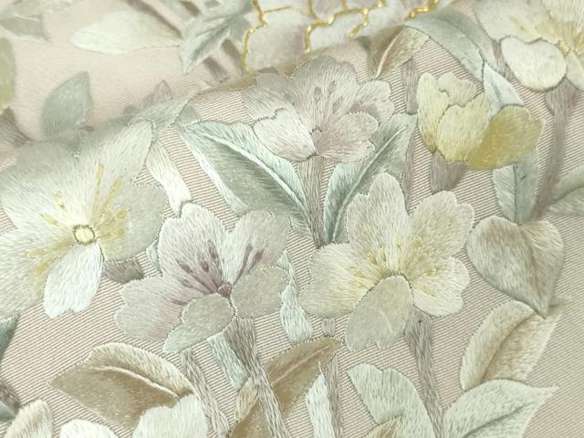 平和屋本店■極上 訪問着 駒刺繍 総手刺繍 吉祥花文 暈し染め 白緑色地 逸品 未使用 DZAA3729kh5