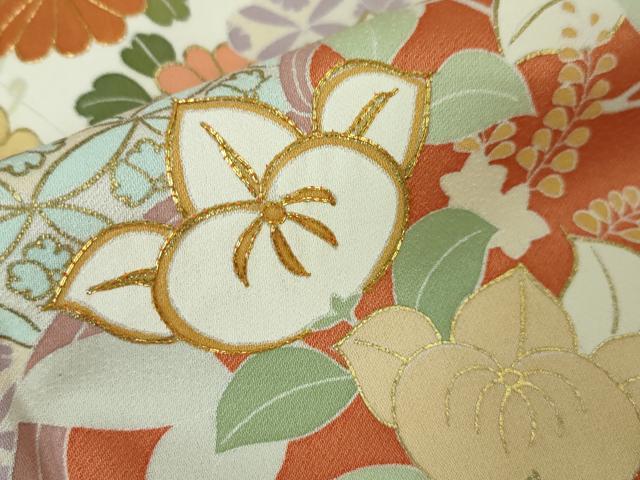 平和屋本店■極上 創業460年・千總 訪問着 駒刺繍 橘 冊子花文 照柿色地 金彩 逸品 DZAA3839kh5