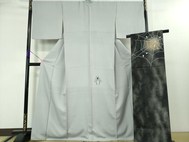平和屋本店■極上 BANKAN わものや 付け下げ・袋帯(IKKI流 斉藤一騎 銀花仙)セット 蜘蛛 銀彩 パウダーブルー色地 逸品 DZAA3855kh5