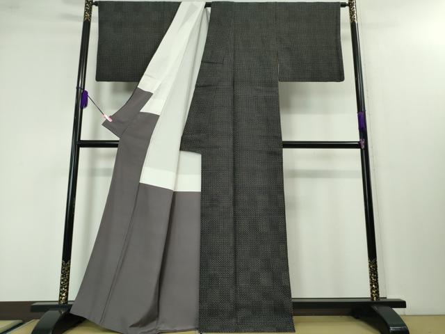 平和屋本店■極上 染織の名門 しょうざん 生紬 市松文様 黒地 証紙付き 逸品 DZAA3858kh5