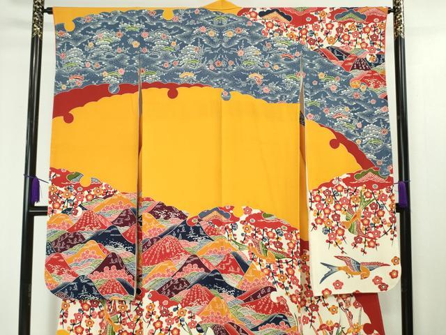 平和屋本店■極上 和染紅型 栗山紅型 栗山吉三郎 振袖 重ね山花鳥文 鬼しぼ縮緬 逸品 未使用 DZAA3860kh5