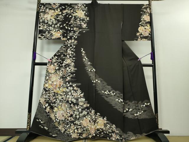 平和屋本店●極上 訪問着 刺繍 御所車吉祥花文 烏羽色地 金糸 逸品 DZAA3868kh5