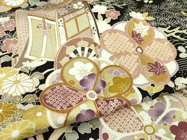 平和屋本店●極上 訪問着 刺繍 御所車吉祥花文 烏羽色地 金糸 逸品 DZAA3868kh5