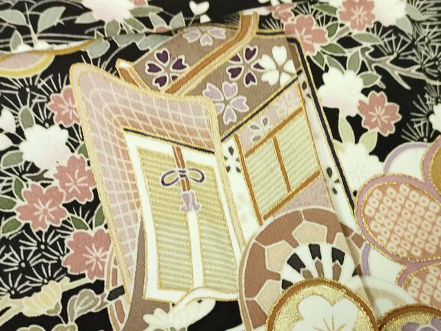 平和屋本店●極上 訪問着 刺繍 御所車吉祥花文 烏羽色地 金糸 逸品 DZAA3868kh5
