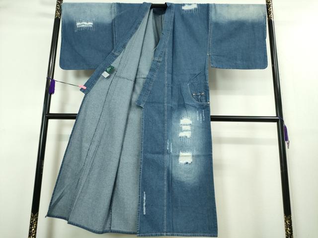 平和屋本店■極上 男性 デニム着物 単衣 和遊楽 ポケット付き 綿 逸品 DZAA3902kh5
