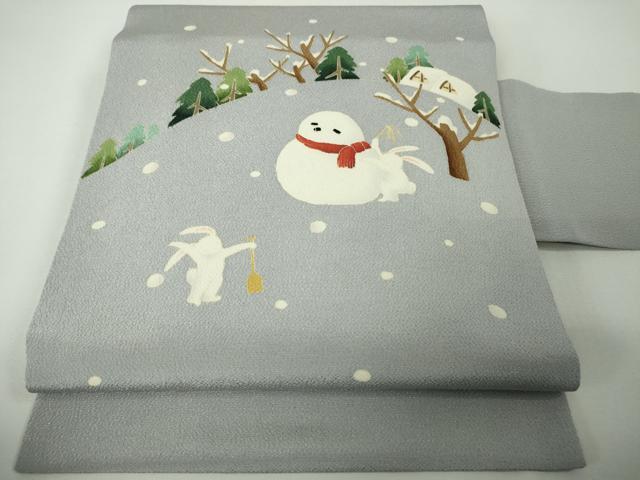 平和屋本店■極上 名門染元 秀美 十日町友禅 九寸名古屋帯 雪だるま 兎 スキー 雪遊び 藤色地 鬼しぼ縮緬 逸品 未使用 DZAA3963kh5