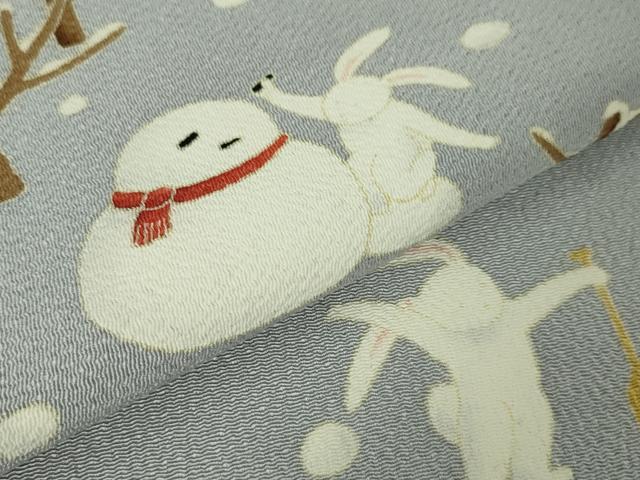 平和屋本店■極上 名門染元 秀美 十日町友禅 九寸名古屋帯 雪だるま 兎 スキー 雪遊び 藤色地 鬼しぼ縮緬 逸品 未使用 DZAA3963kh5
