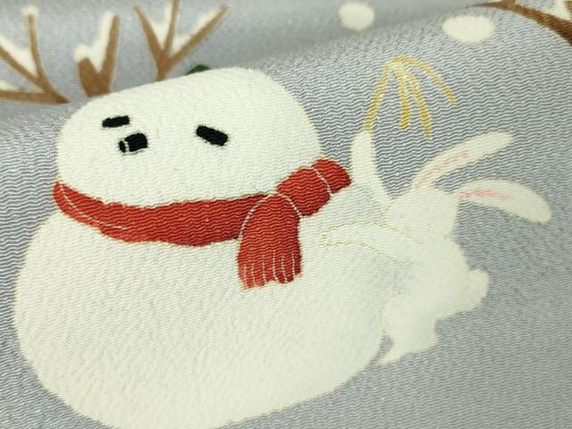 平和屋本店■極上 名門染元 秀美 十日町友禅 九寸名古屋帯 雪だるま 兎 スキー 雪遊び 藤色地 鬼しぼ縮緬 逸品 未使用 DZAA3963kh5