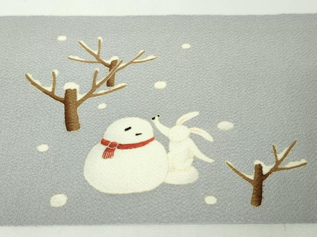 平和屋本店■極上 名門染元 秀美 十日町友禅 九寸名古屋帯 雪だるま 兎 スキー 雪遊び 藤色地 鬼しぼ縮緬 逸品 未使用 DZAA3963kh5