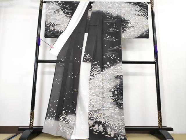 平和屋本店■極上 夏物 訪問着 絽 友禅 水辺風景花文 暈し染め 藍鉄色地 逸品 DZAA4006kh5
