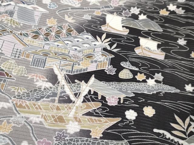 平和屋本店■極上 夏物 訪問着 絽 友禅 水辺風景花文 暈し染め 藍鉄色地 逸品 DZAA4006kh5
