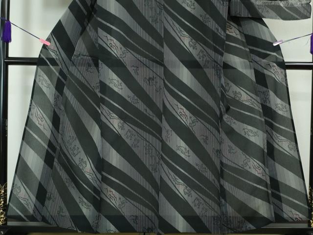 平和屋本店■極上 夏物 明石ちぢみ 鳥獣戯画 黒地 証紙付き 逸品 DZAA4019kh5