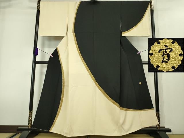 平和屋本店■極上 ジャパンオートクチュール 渡辺雪三郎 訪問着 刺繍 黒×鳥の子色 金糸 逸品 DZAA4025kh5