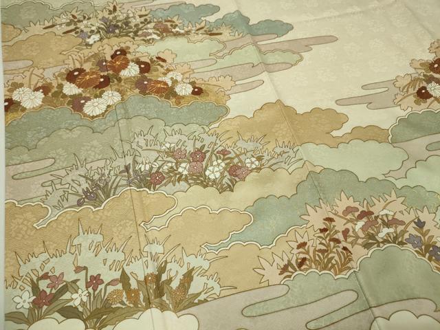 平和屋本店■極上 皇室献上作家 藤井寛 訪問着 駒刺繍 雲取り花文 象牙色地 金彩 逸品 DZAA4040kh5