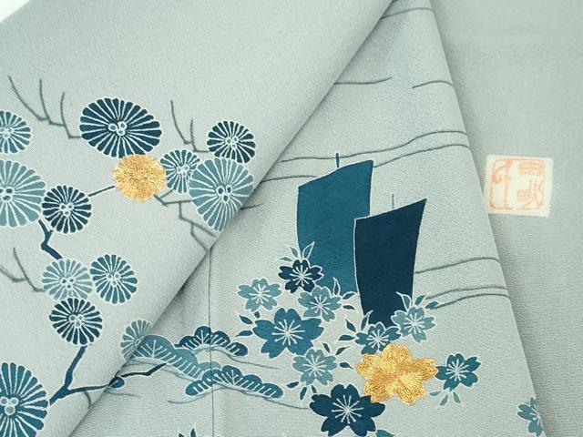 平和屋本店■極上 人間国宝 五代 田畑喜八 訪問着 駒刺繍 風景舟花文 オーキッドグレイ色地 逸品 DZAA4041kh5
