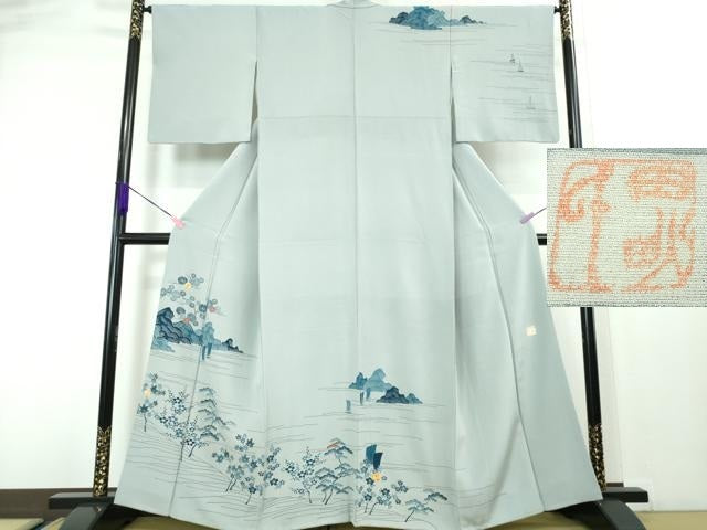 平和屋本店■極上 人間国宝 五代 田畑喜八 訪問着 駒刺繍 風景舟花文 オーキッドグレイ色地 逸品 DZAA4041kh5