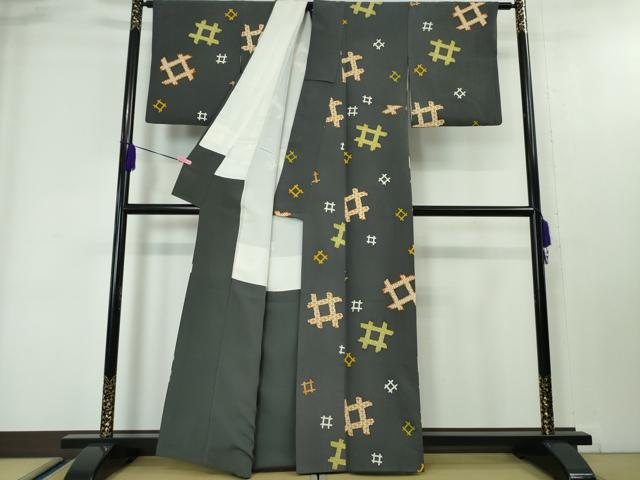 平和屋本店■極上 銀座 志ま亀 小紋 井桁文様 褐色地 たとう紙付き 逸品 DZAA4079kh5