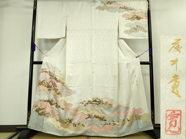 平和屋本店■極上 皇室献上作家 藤井寛 訪問着 駒刺繍 雲取り御所解花文 生成色地 金糸 逸品 DZAA4081kh5