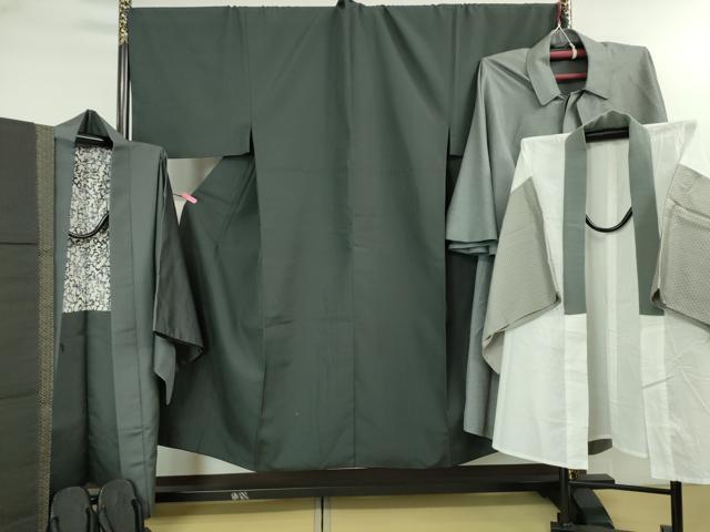 平和屋本店■極上 男性 銀座もとじ 米沢お召 長羽織・半襦袢・トンビコート・草履・角帯 6点セット 証紙・たとう紙付き 逸品 DZAA4109kh5
