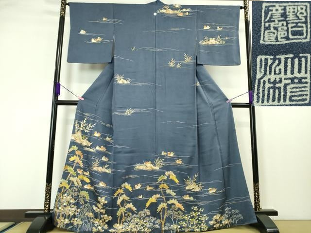 平和屋本店■極上 野口彦太郎 大彦三代目 江戸染繍友禅 訪問着 鴛鴦吉祥花文 薄花桜色地 金糸 松坂屋染織名作展 逸品 DZAA4148kh5