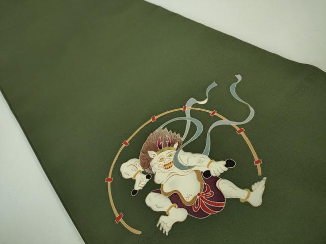 平和屋本店■極上 太鼓柄袋帯 友禅 雷神風神 海松色地 逸品 DZAA4170kh5