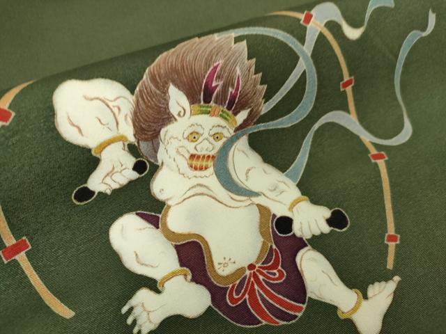 平和屋本店■極上 太鼓柄袋帯 友禅 雷神風神 海松色地 逸品 DZAA4170kh5