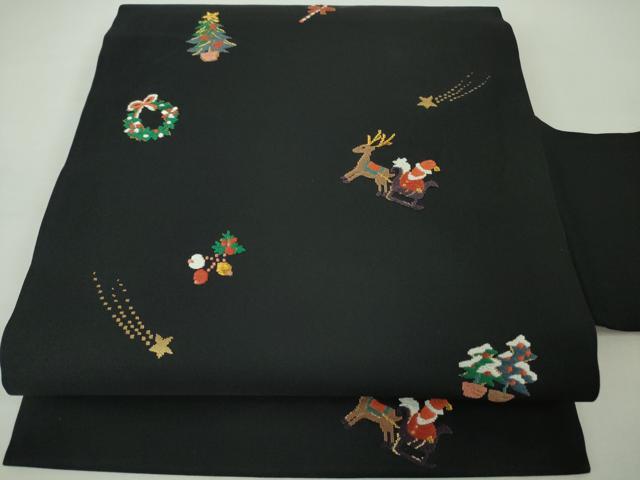 平和屋本店■極上 九寸名古屋帯 クリスマス X'mas サンタクロース トナカイ リース 黒地 金糸 逸品 DZAA4183kh5
