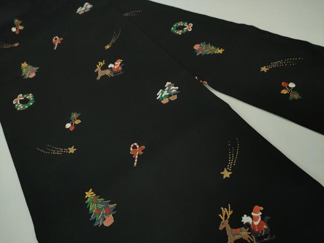 平和屋本店■極上 九寸名古屋帯 クリスマス X'mas サンタクロース トナカイ リース 黒地 金糸 逸品 DZAA4183kh5