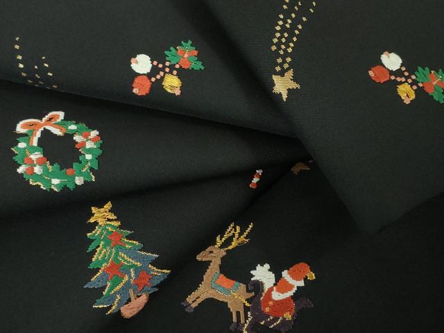 平和屋本店■極上 九寸名古屋帯 クリスマス X'mas サンタクロース トナカイ リース 黒地 金糸 逸品 DZAA4183kh5