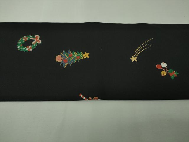 平和屋本店■極上 九寸名古屋帯 クリスマス X'mas サンタクロース トナカイ リース 黒地 金糸 逸品 DZAA4183kh5