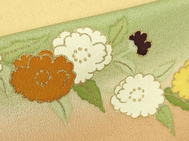 平和屋本店■極上 銀座 志ま亀 訪問着 草花文 深支子色地 金彩 鬼しぼ縮緬 たとう紙付き 逸品 DZAA4228kh5