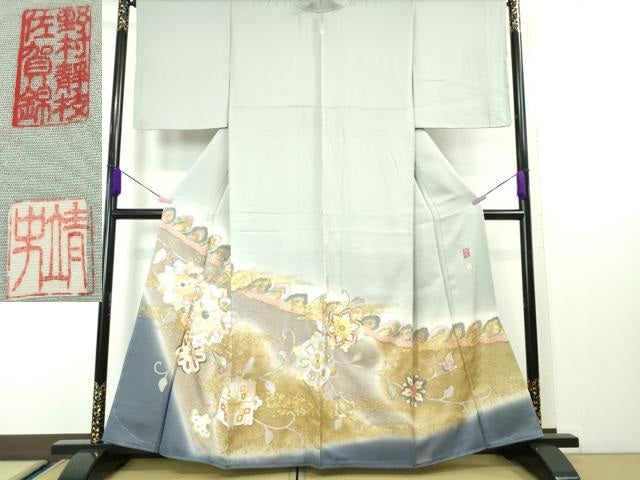 平和屋本店■希少 皇室献上作家 野村静枝 佐賀錦 色留袖 駒刺繍 花唐草文 暈し染め 秘色色地 金銀彩 逸品 DZAA4229kh5