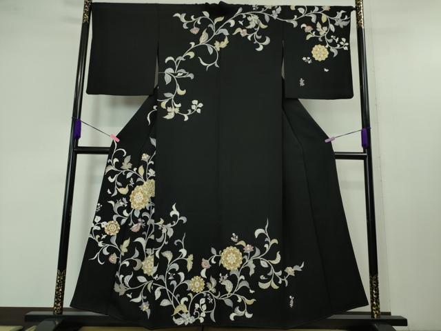 平和屋本店■極上 訪問着 駒刺繍 花唐草文 背抜き仕立て 黒地 金彩 逸品 DZAA4231kh5