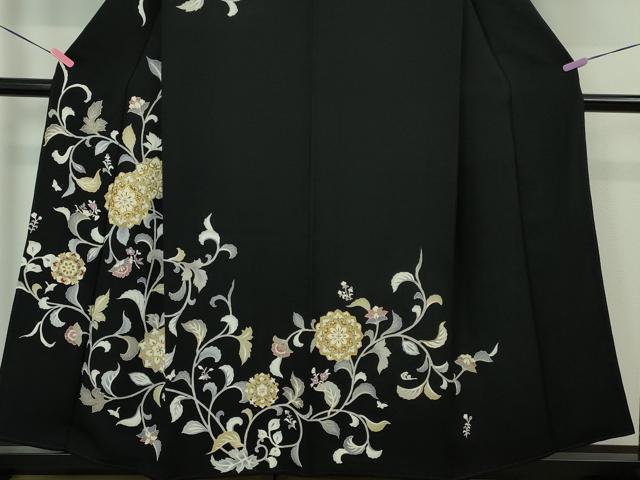 平和屋本店■極上 訪問着 駒刺繍 花唐草文 背抜き仕立て 黒地 金彩 逸品 DZAA4231kh5